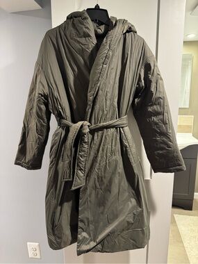 ZARA Olive Green Hooded Puffer Trench Coat with Belt